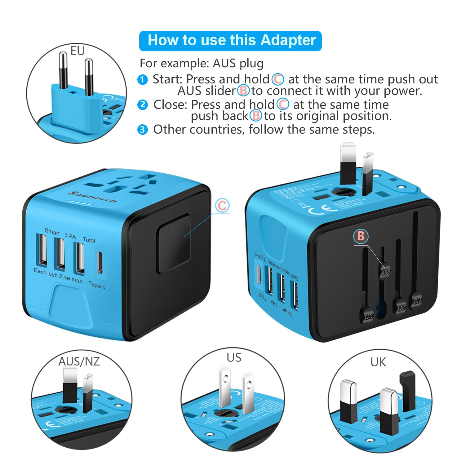 craques universal travel adapter with USB C in blue and black showing multiple plug types and USB ports