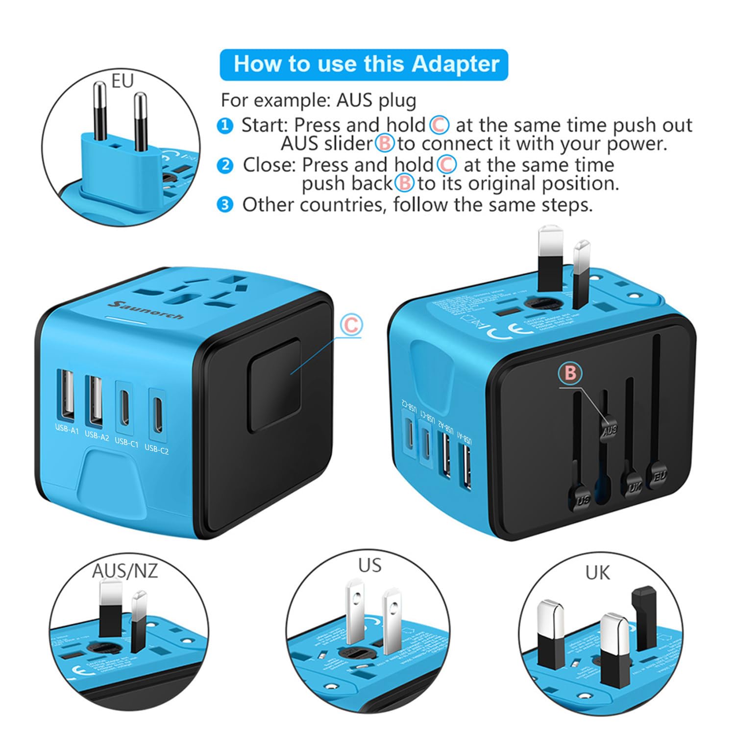 Blue craques universal travel adapter with USB C multiple ports and plug configurations for US UK EU AUS