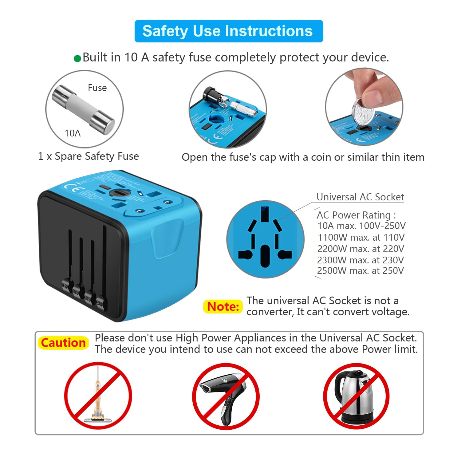 Craques universal travel adapter with USB C showing safety fuse, AC socket ratings, and usage instructions
