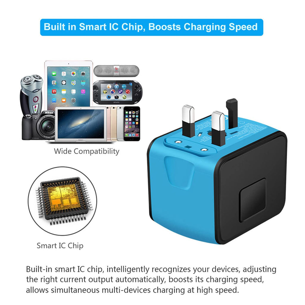 Craques universal travel adapter with USB C featuring built-in smart IC chip for fast charging and wide device compatibility