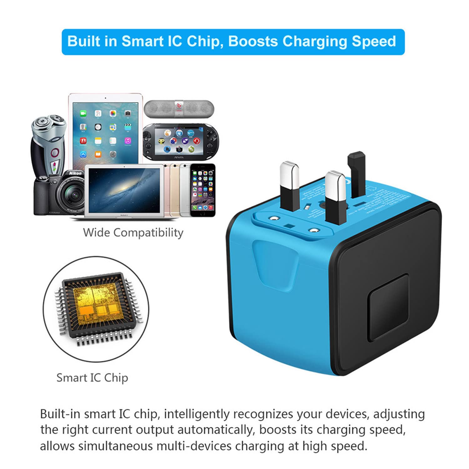 Craques universal travel adapter with USB C featuring built-in smart IC chip for fast charging and wide device compatibility