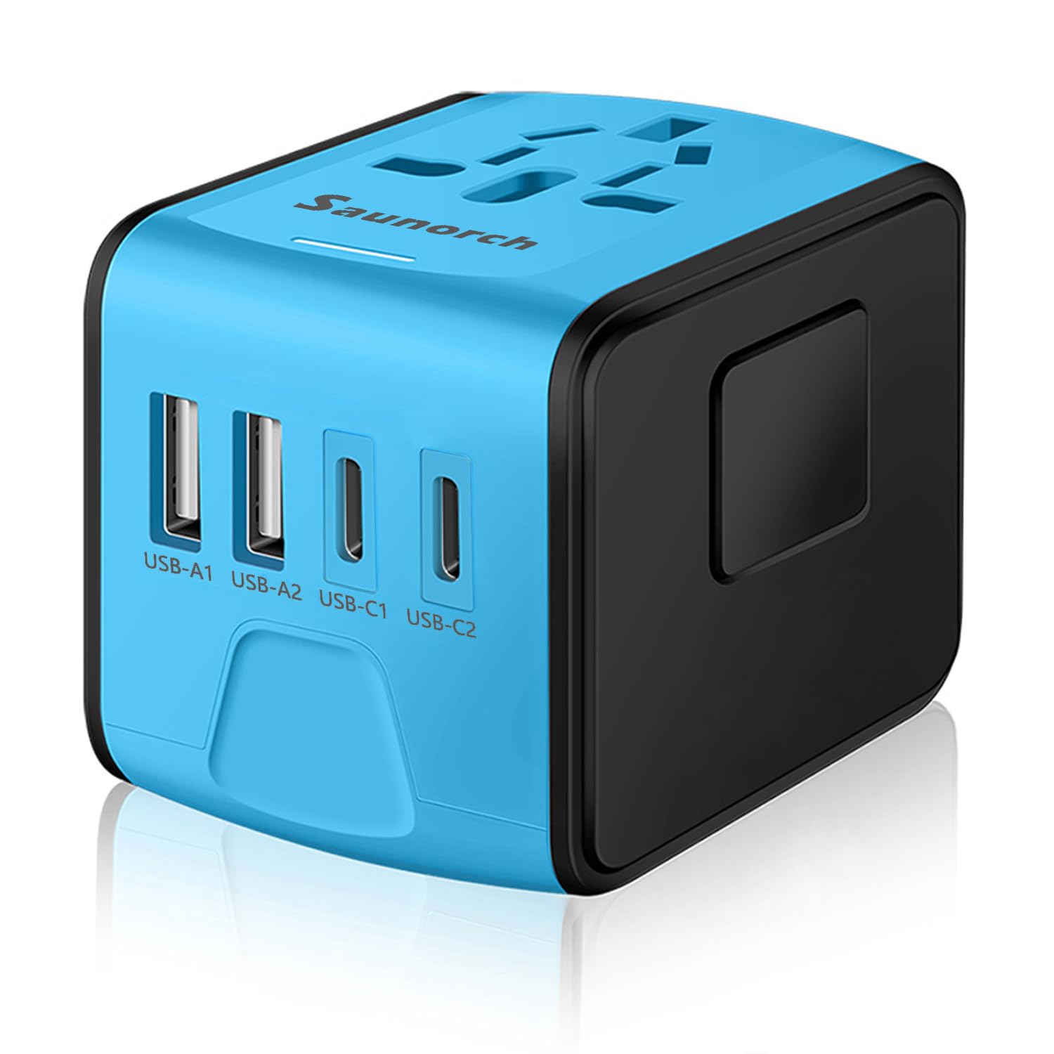 Blue and black universal travel adapter with USB C ports and multiple plug types by craques