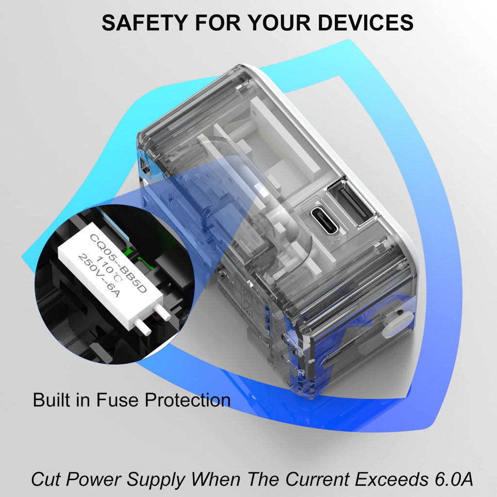Craques universal travel adapter with USB C featuring built-in fuse protection for device safety