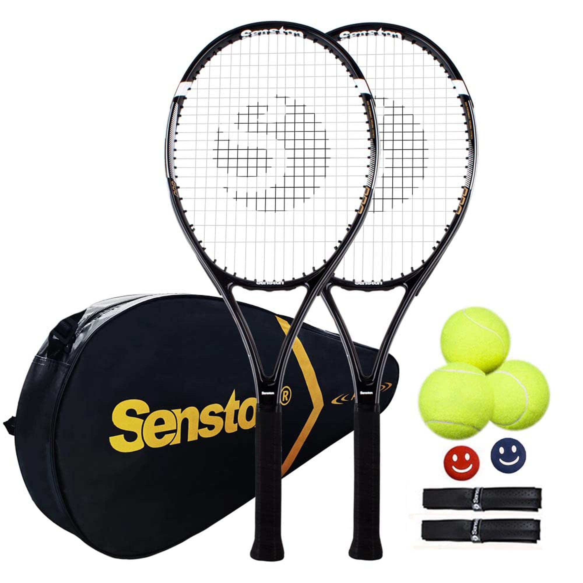 Set of two 27 inch tennis racket for adults with black carrying case, three tennis balls, and grips