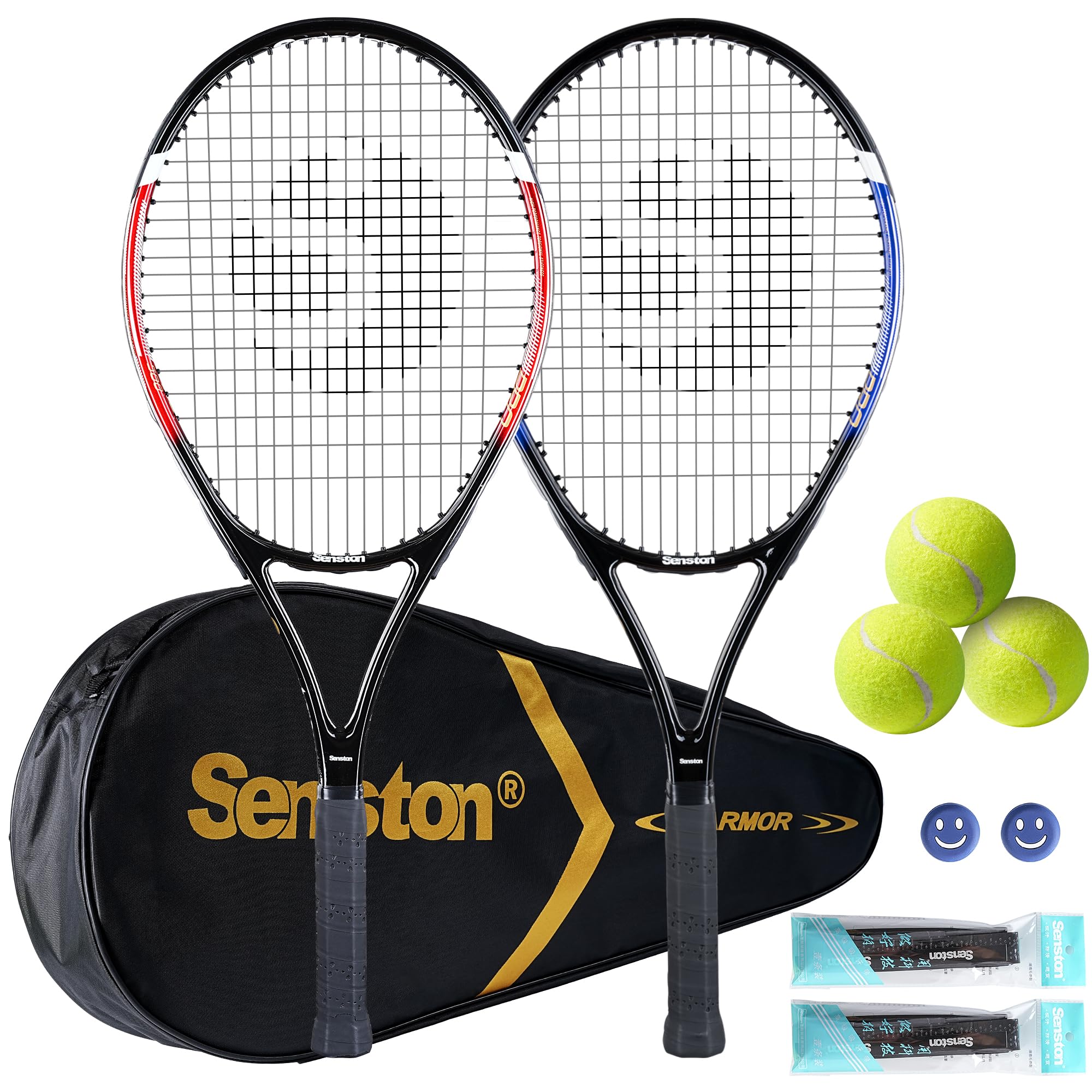 Set of two 27 inch tennis racket for adults with black carrying case and three yellow tennis balls