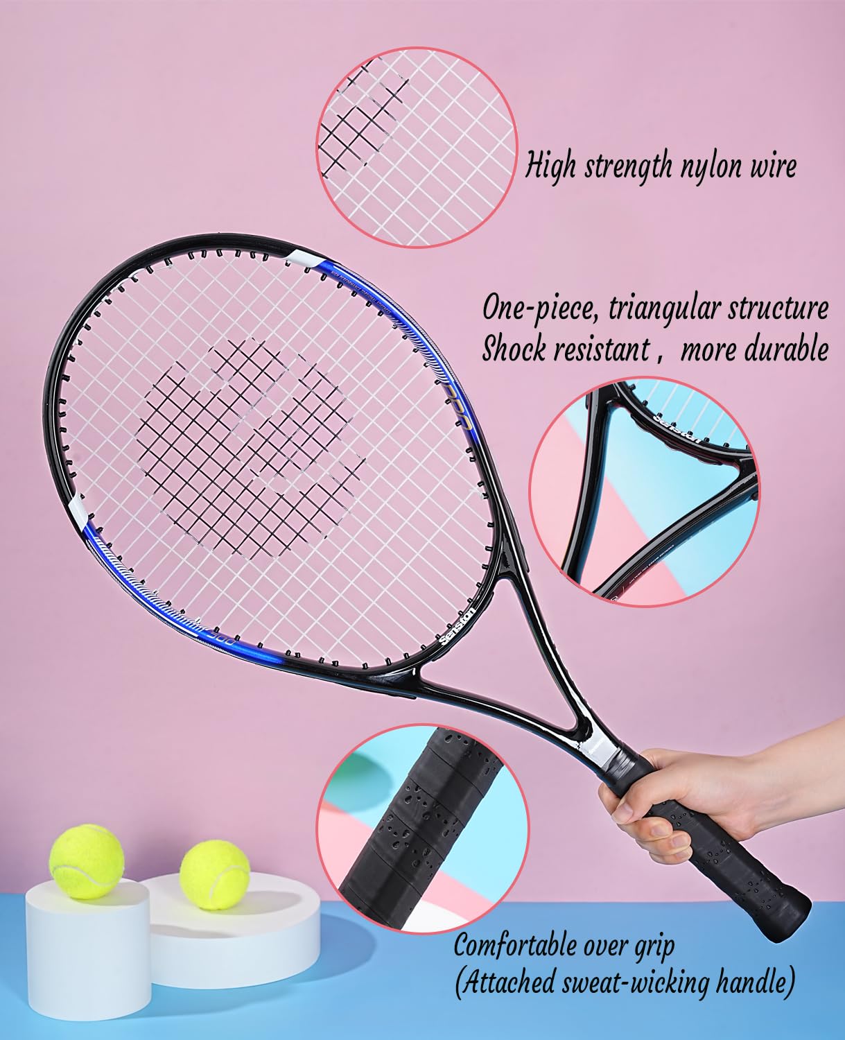 27 inch tennis racket for adults with high strength nylon wire and comfortable sweat-wicking grip