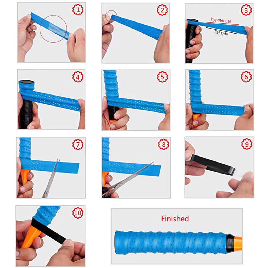 Step-by-step guide showing how to wrap a blue grip on a 27 inch tennis racket for adults handle