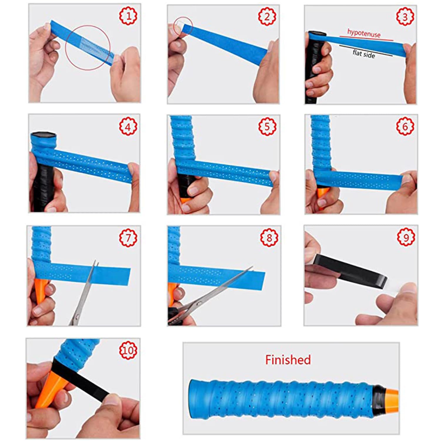 Step-by-step guide showing how to wrap a blue grip on a 27 inch tennis racket for adults handle