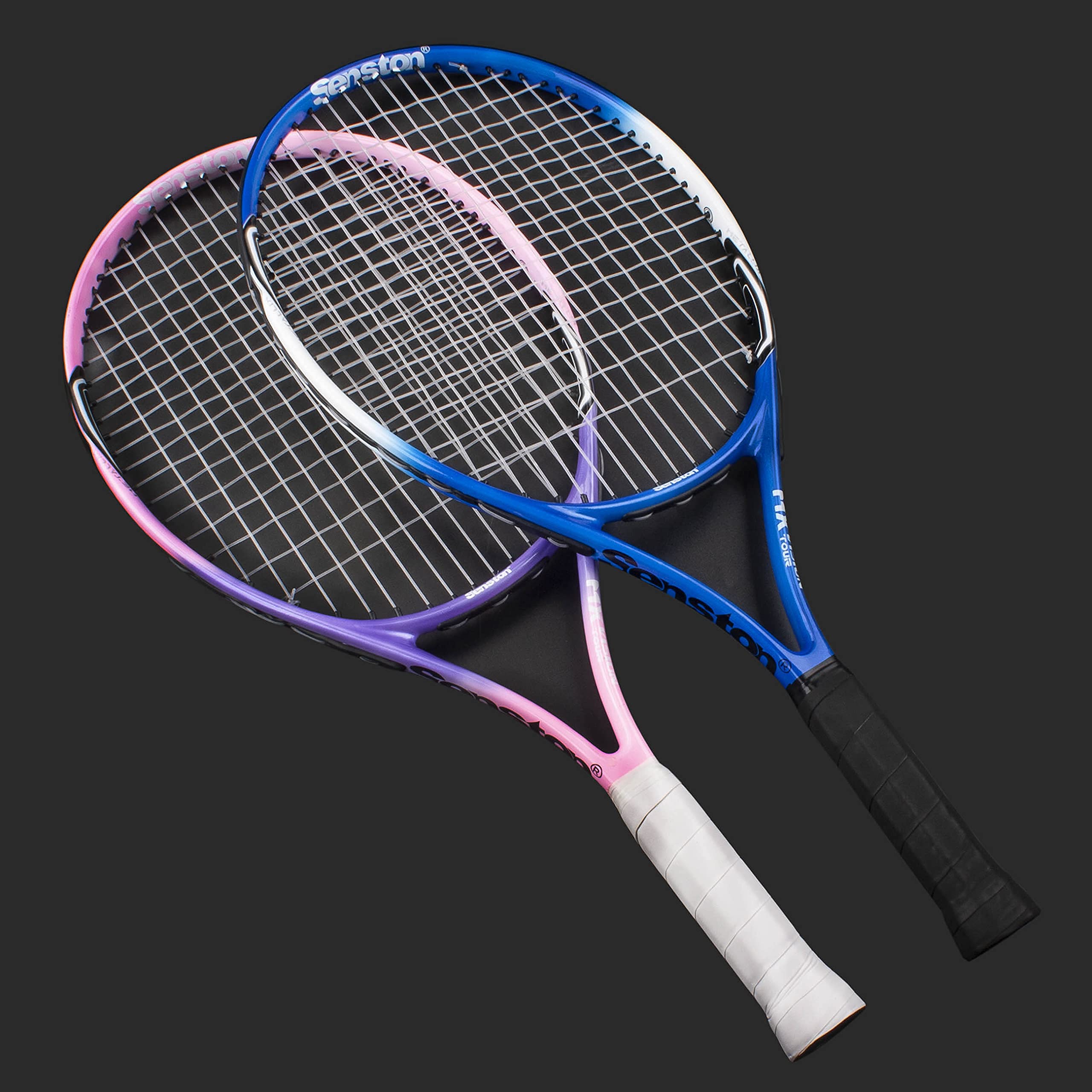 Two craques 27 inch tennis racket for adults in blue and purple with black and white grips