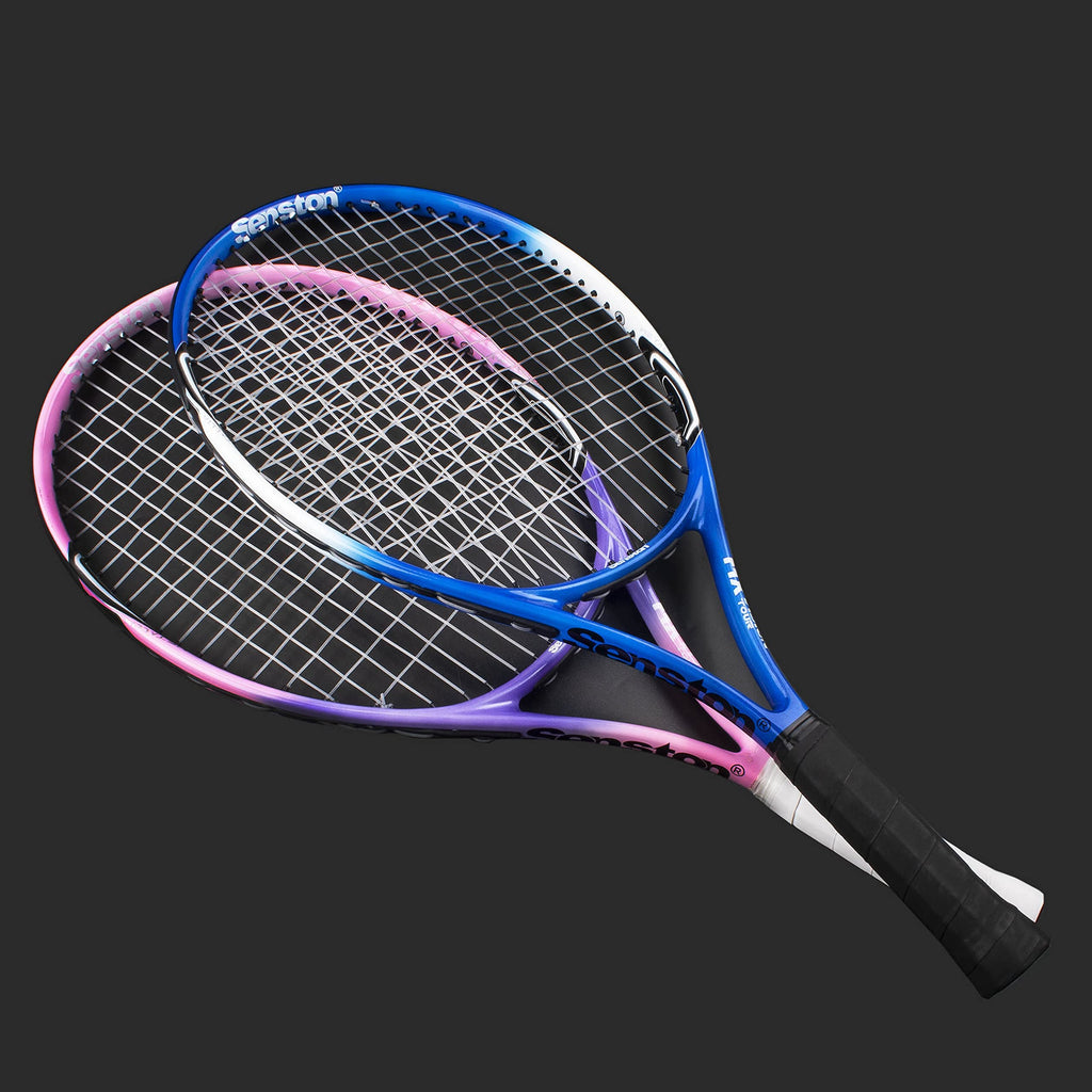 Set of two 27 inch tennis rackets for adults with blue and pink frames and black grips