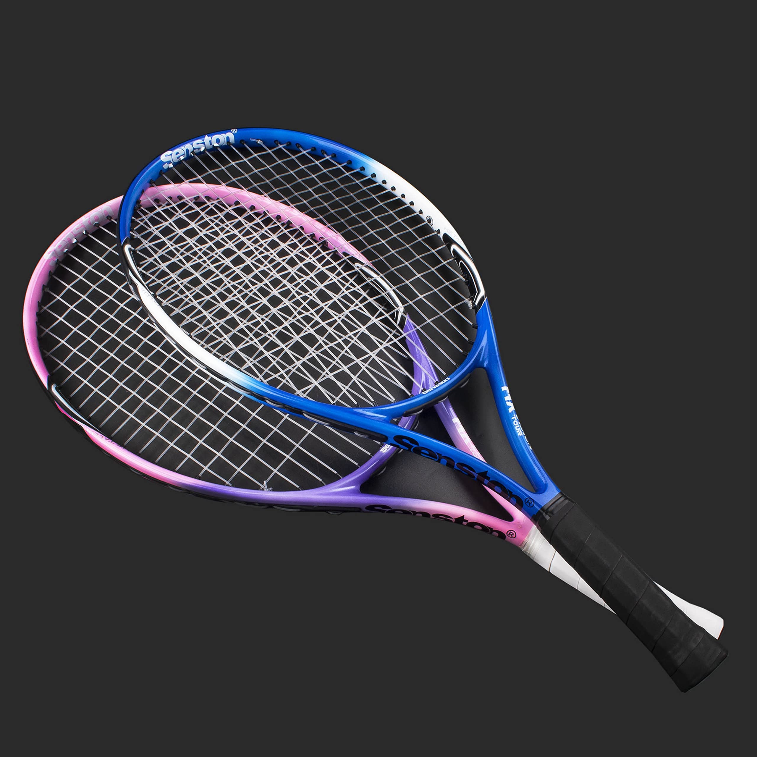 Set of two 27 inch tennis rackets for adults with blue and pink frames and black grips