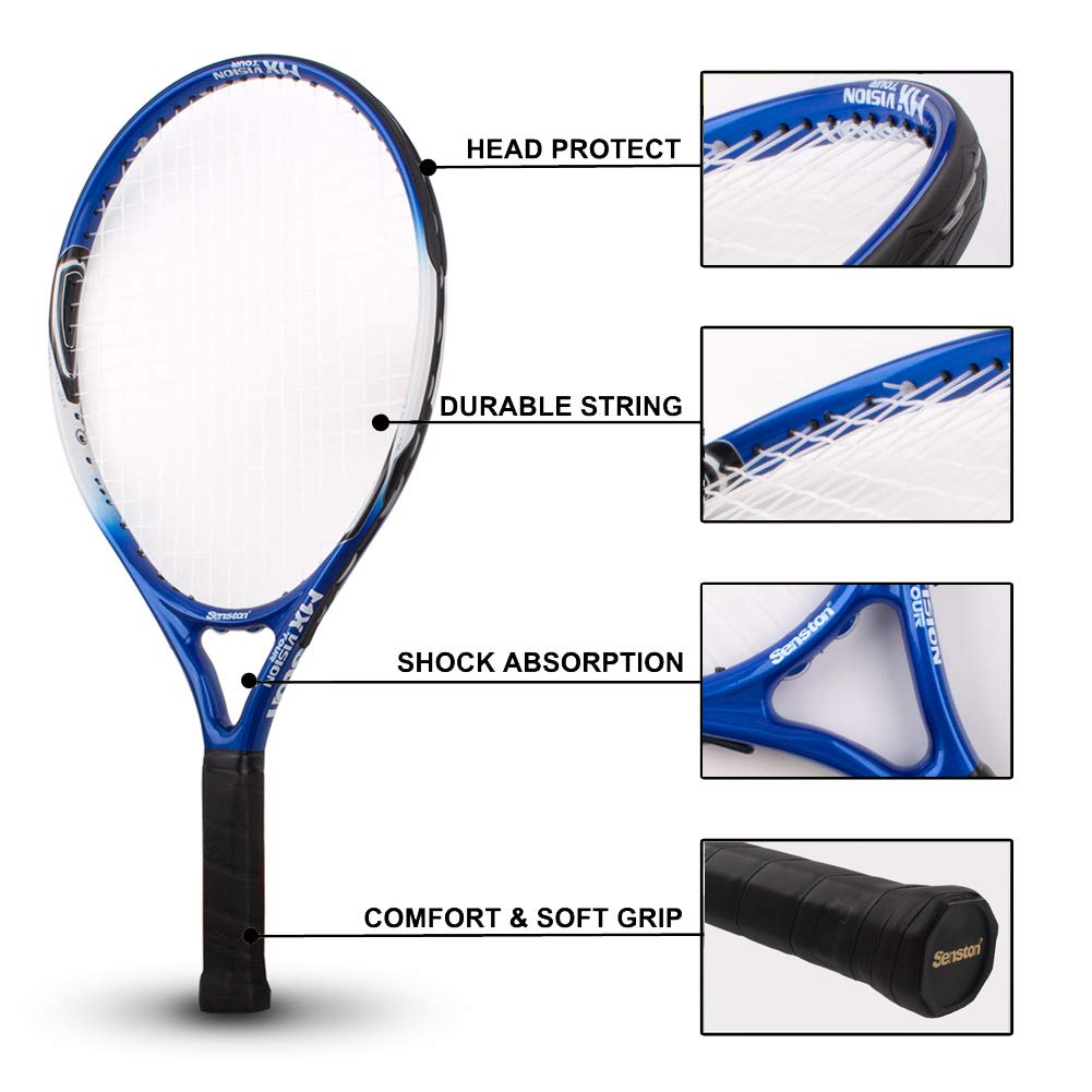 Blue 27 inch tennis racket for adults with head protect, durable string, shock absorption, and soft grip by craques