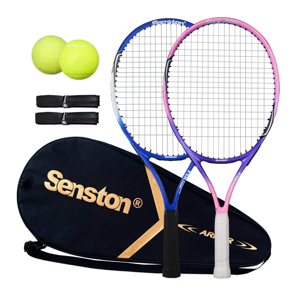27 inch tennis racket for adults set with pink and blue rackets, balls, grips, and black carrying case