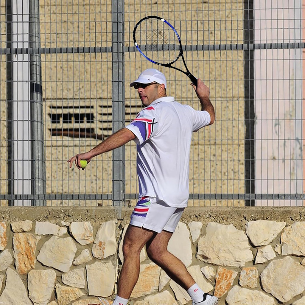 Man playing tennis outdoors holding a 27 inch tennis racket for adults in white sportswear