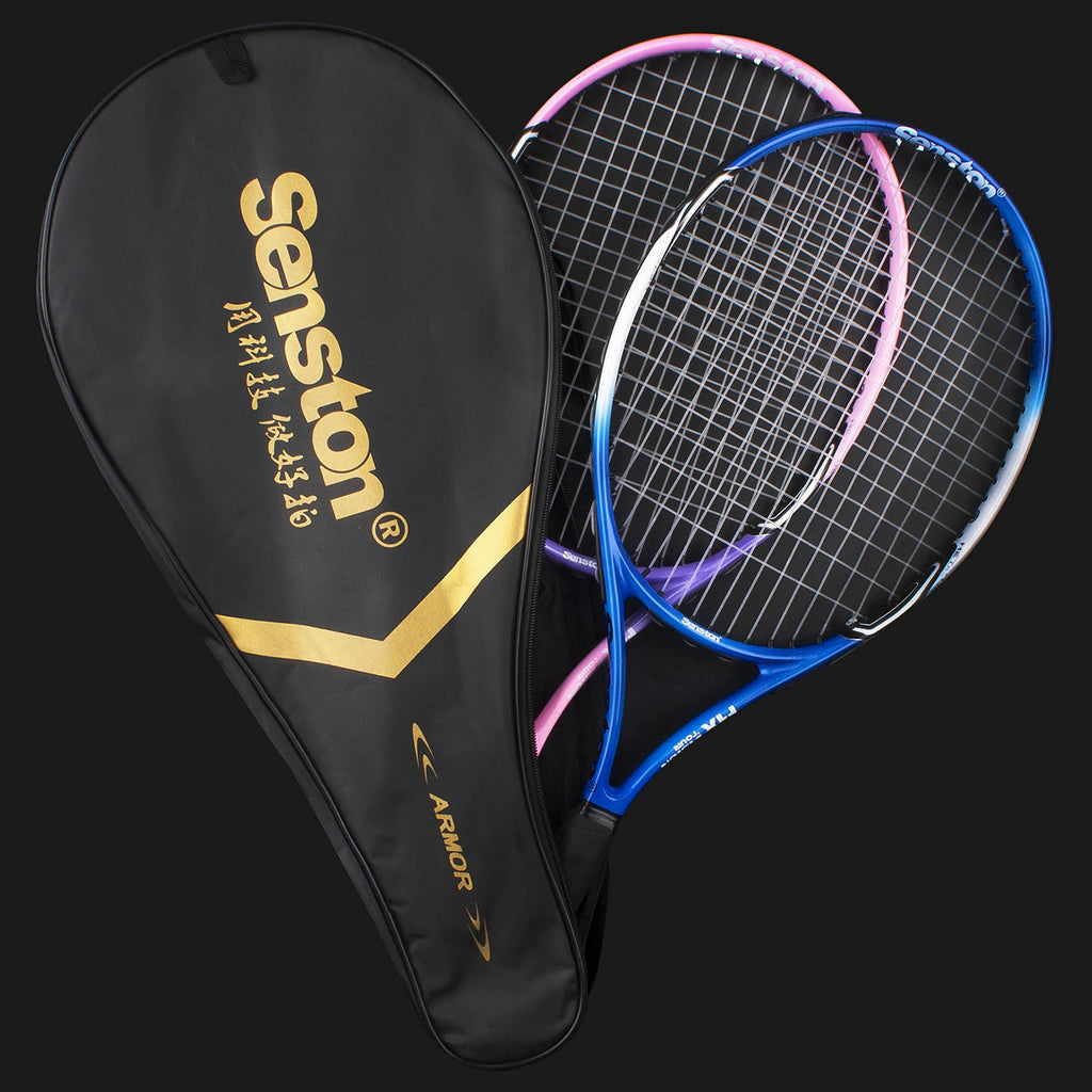 27 inch tennis racket for adults by craques featuring blue and pink rackets with black carrying case