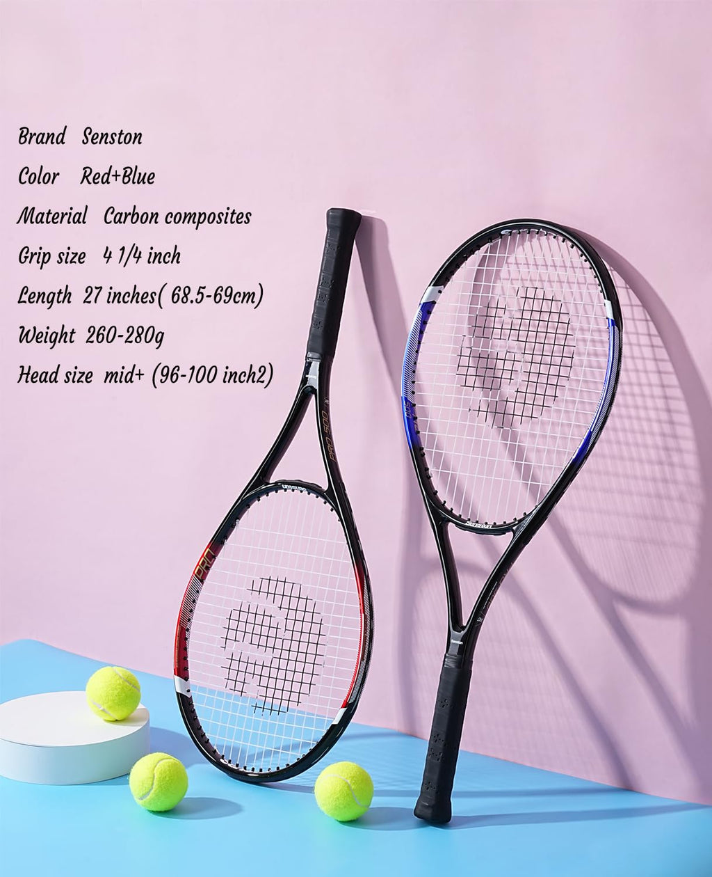 27 inch tennis racket for adults by craques in red and blue carbon composite with tennis balls on blue surface