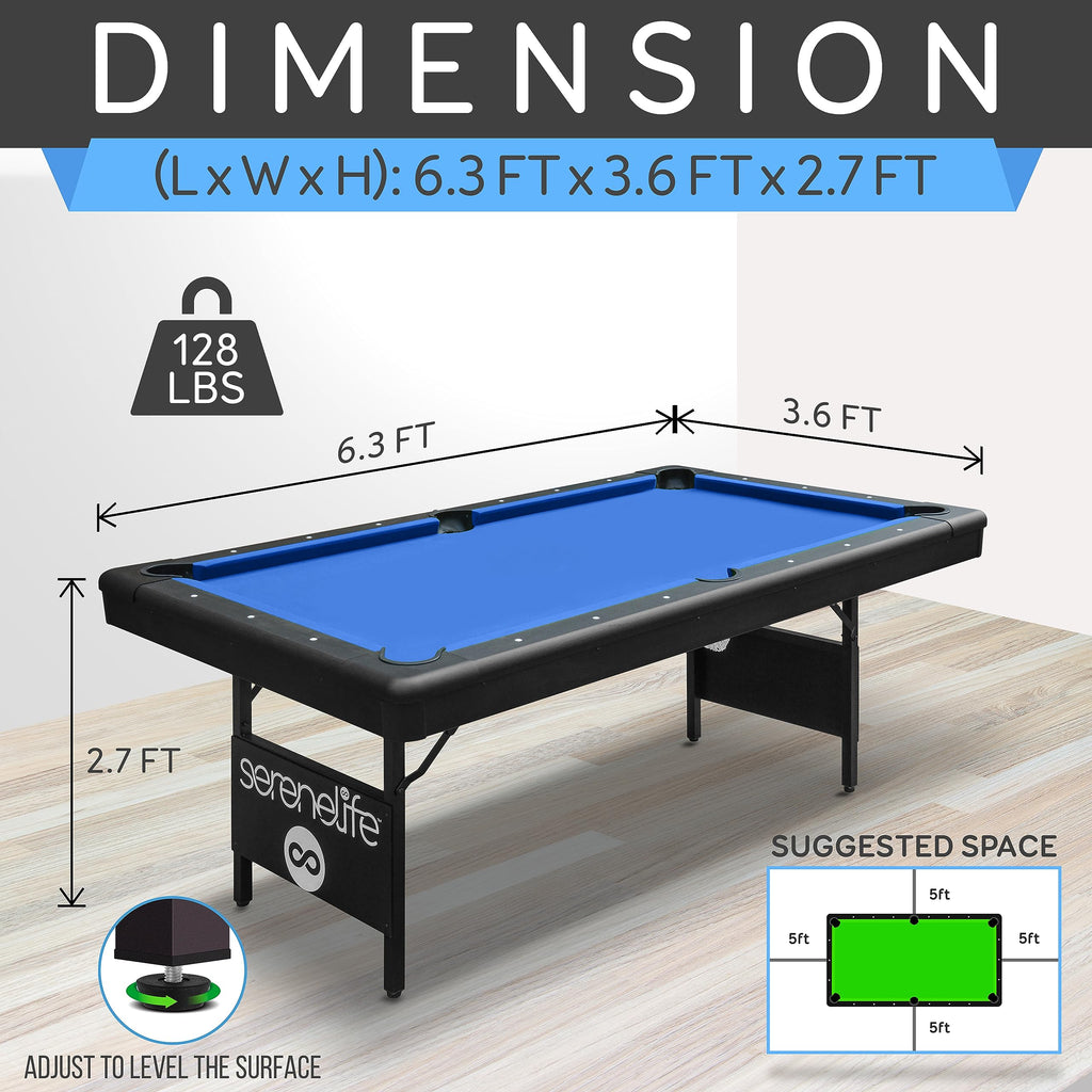 Craques foldable pool table for home with blue felt and dimensions 6.3 by 3.6 by 2.7 feet