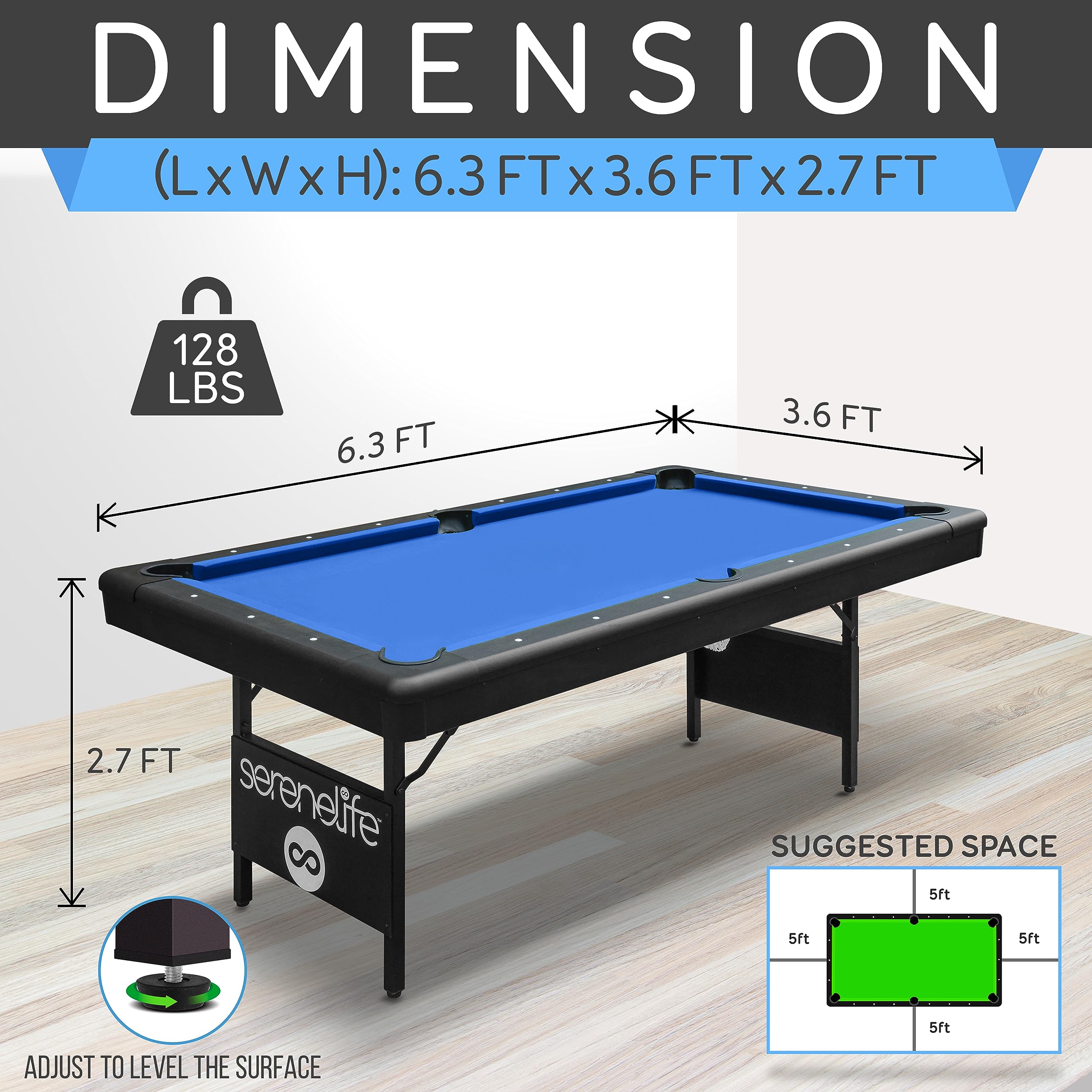 Craques foldable pool table for home with blue felt and dimensions 6.3 by 3.6 by 2.7 feet