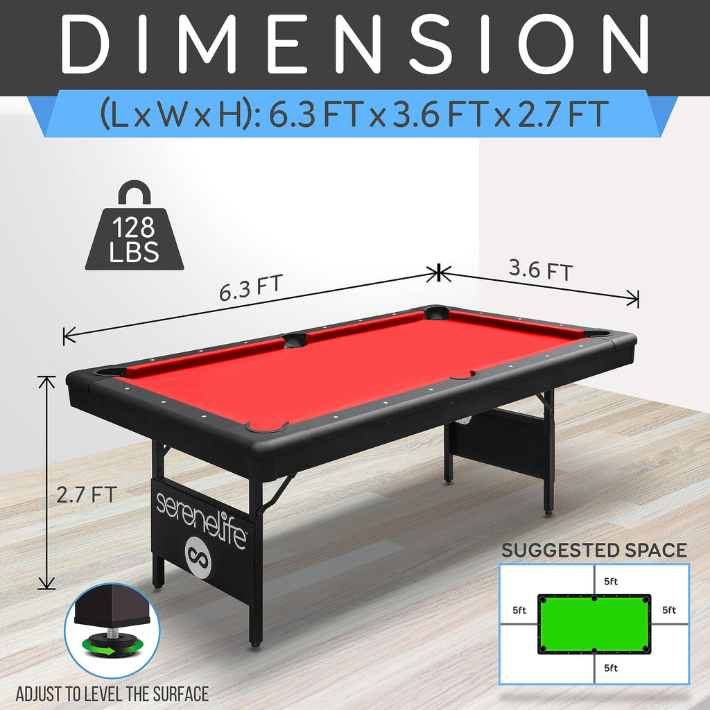 Craques foldable pool table for home with red felt surface and black frame measuring 6.3 by 3.6 by 2.7 feet