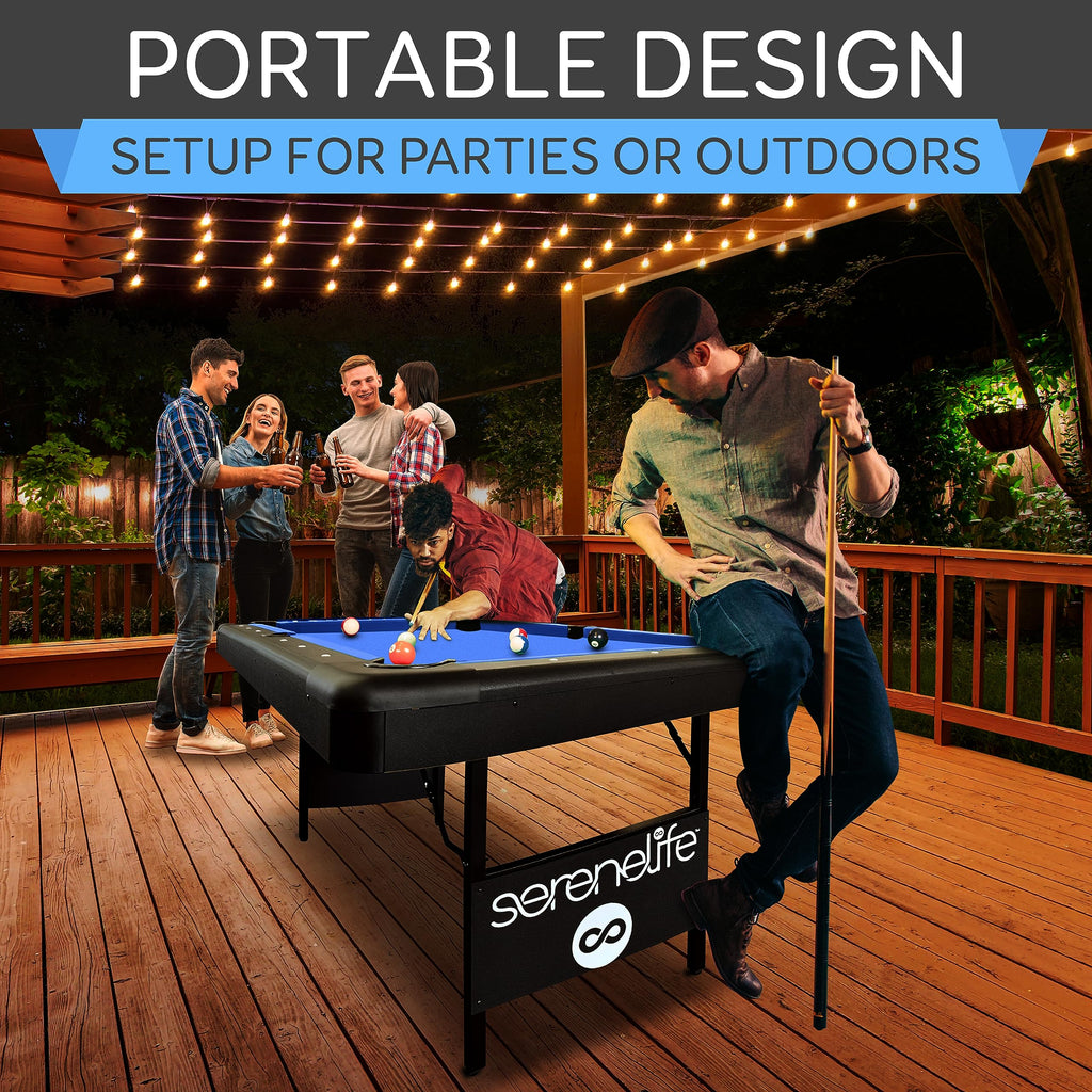 Portable foldable pool table for home with blue felt setup for parties or outdoor use