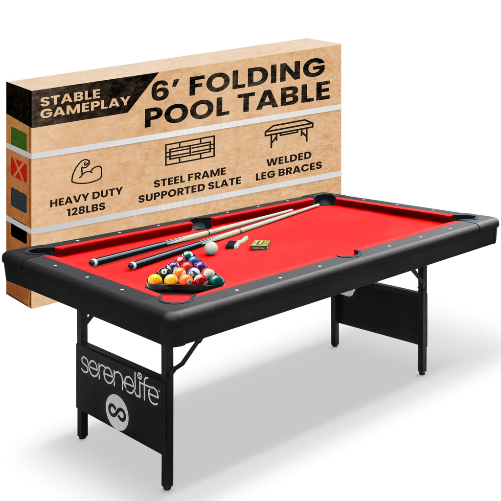 Craques foldable pool table for home with red felt, steel frame, and welded leg braces