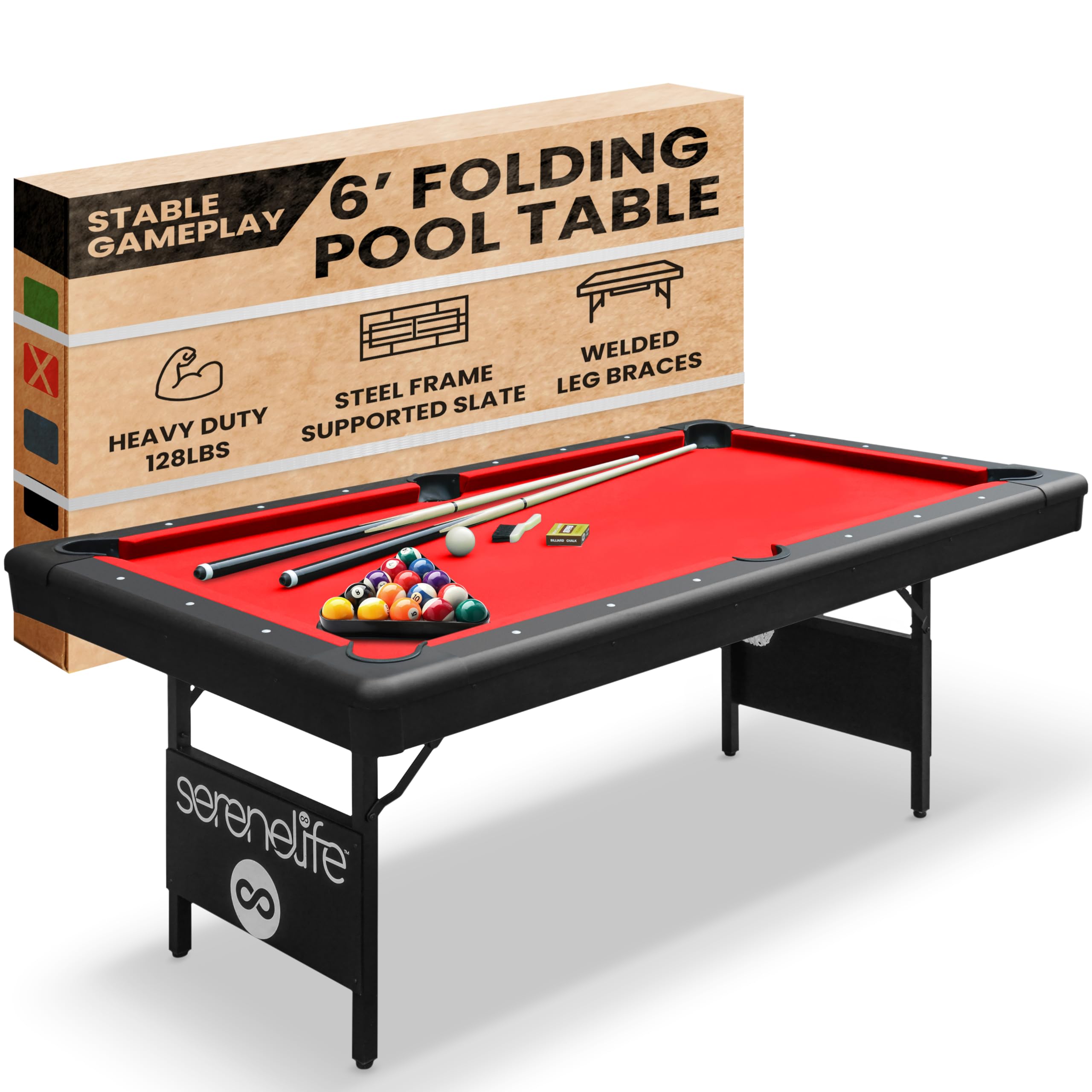 Craques foldable pool table for home with red felt, steel frame, and welded leg braces