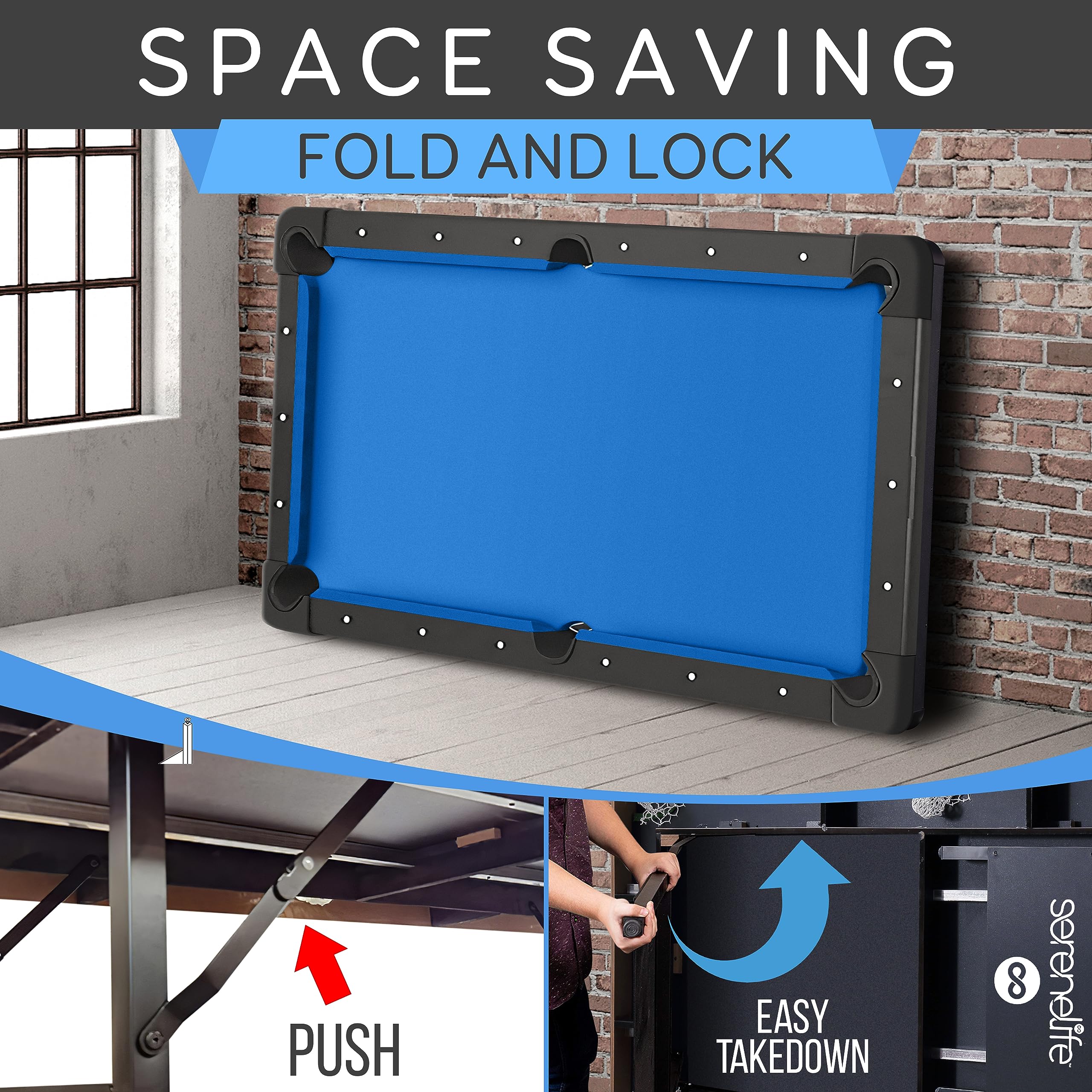 Craques foldable pool table for home with blue felt showcasing space saving fold and lock feature