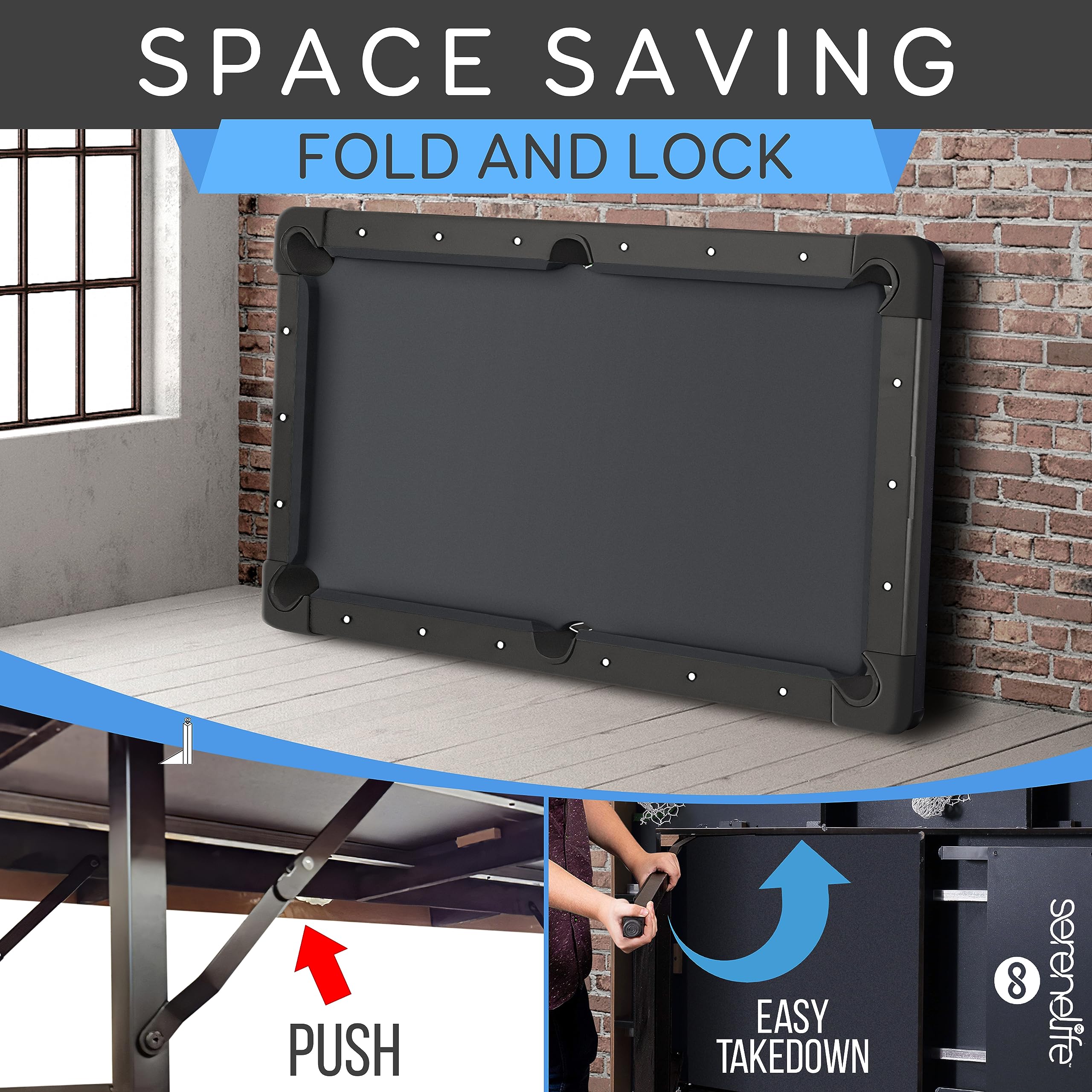 Craques foldable pool table for home shown folded against brick wall with space saving fold and lock features