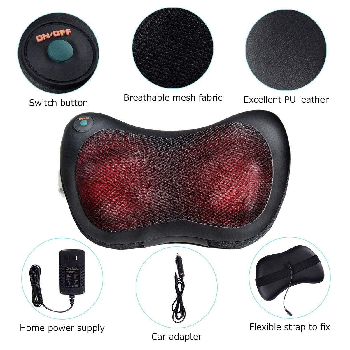 Craques shiatsu back and neck massager with breathable mesh fabric, PU leather, switch button, and power adapters