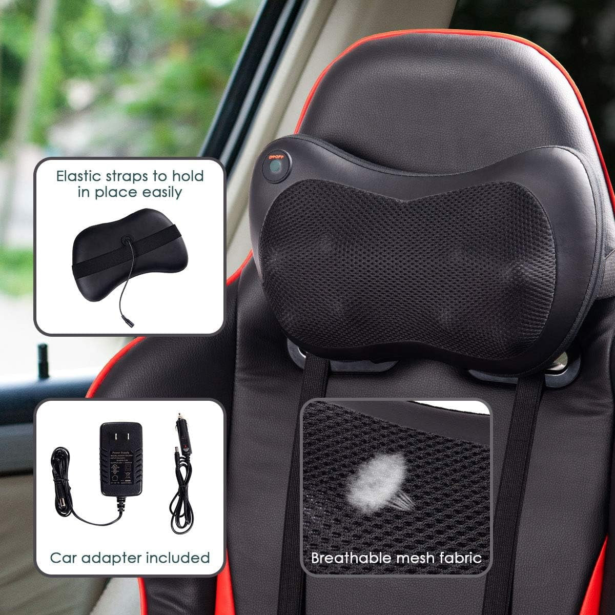 Craques shiatsu back and neck massager with elastic straps breathable mesh fabric and car adapter