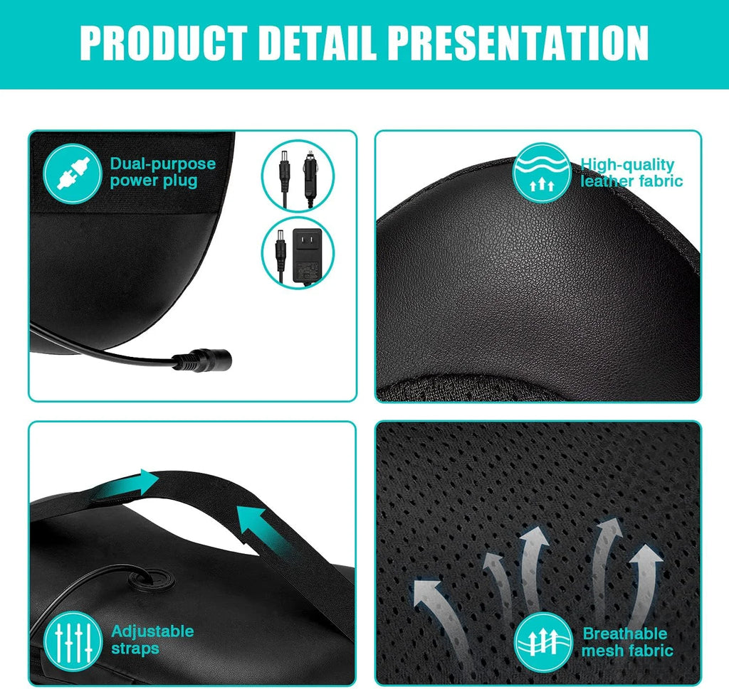 Close-up details of craques shiatsu back and neck massager showing dual-purpose power plug leather fabric adjustable straps and breathable mesh fabric