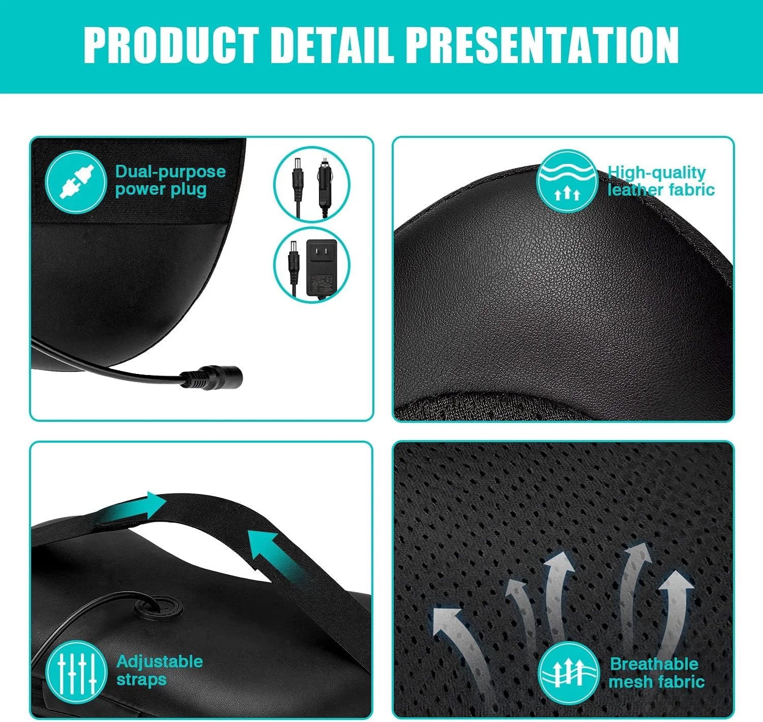 Close-up details of craques shiatsu back and neck massager showing dual-purpose power plug leather fabric adjustable straps and breathable mesh fabric