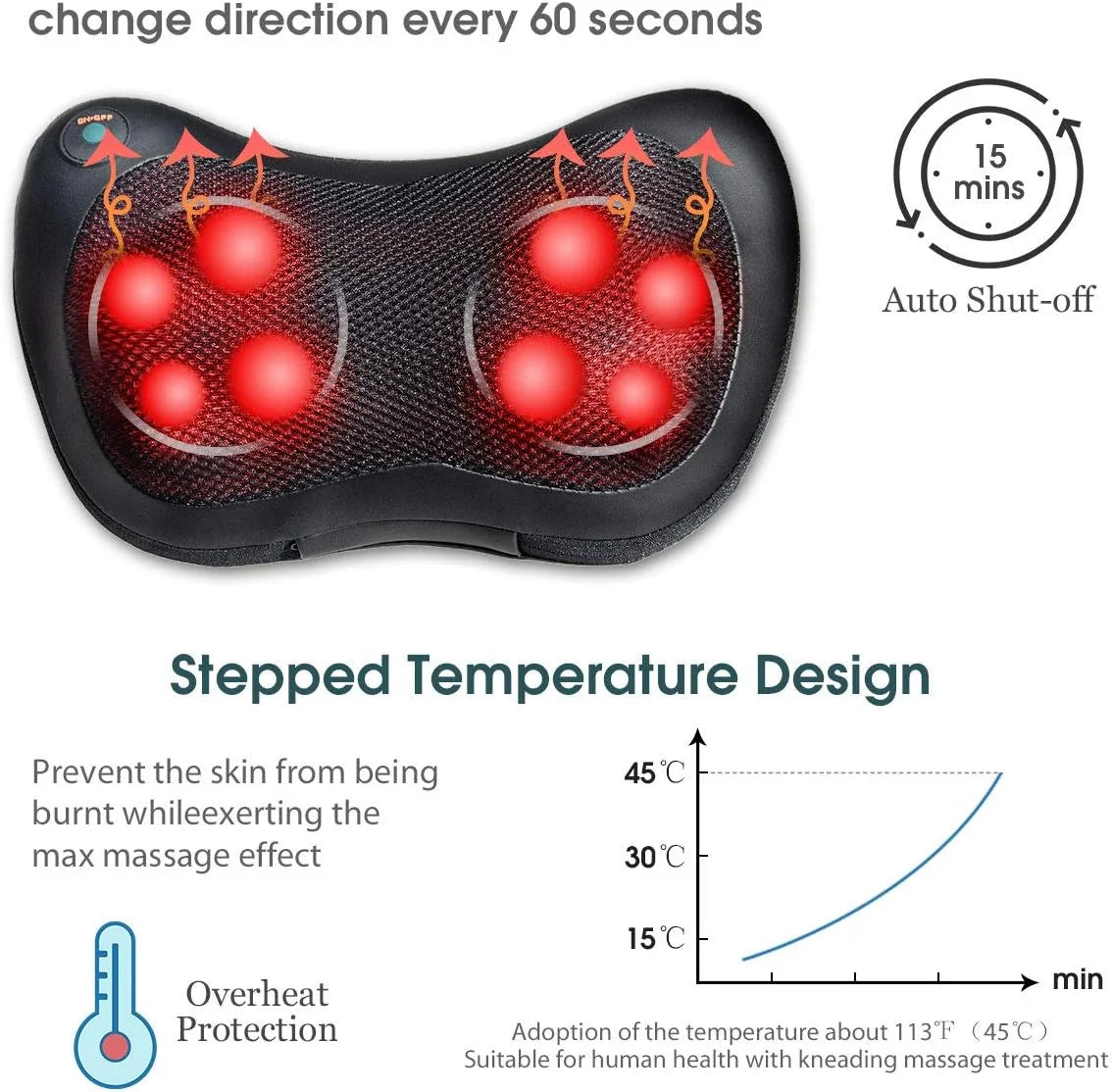 craques shiatsu back and neck massager with six red rotating massage nodes and heat protection