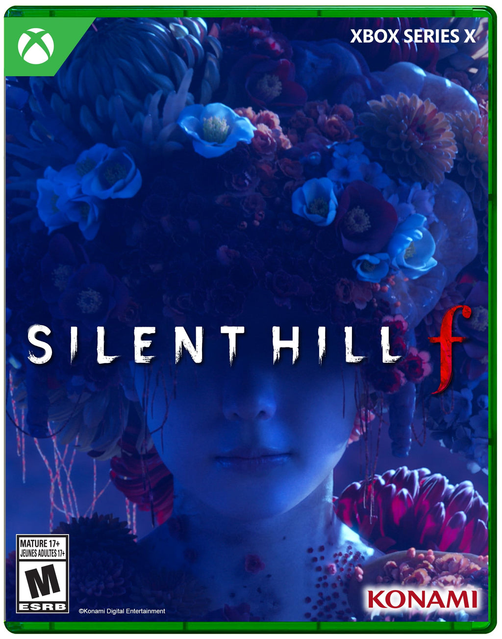 Silent Hill f PS5 game cover with dark floral design and mysterious figure on Xbox Series X