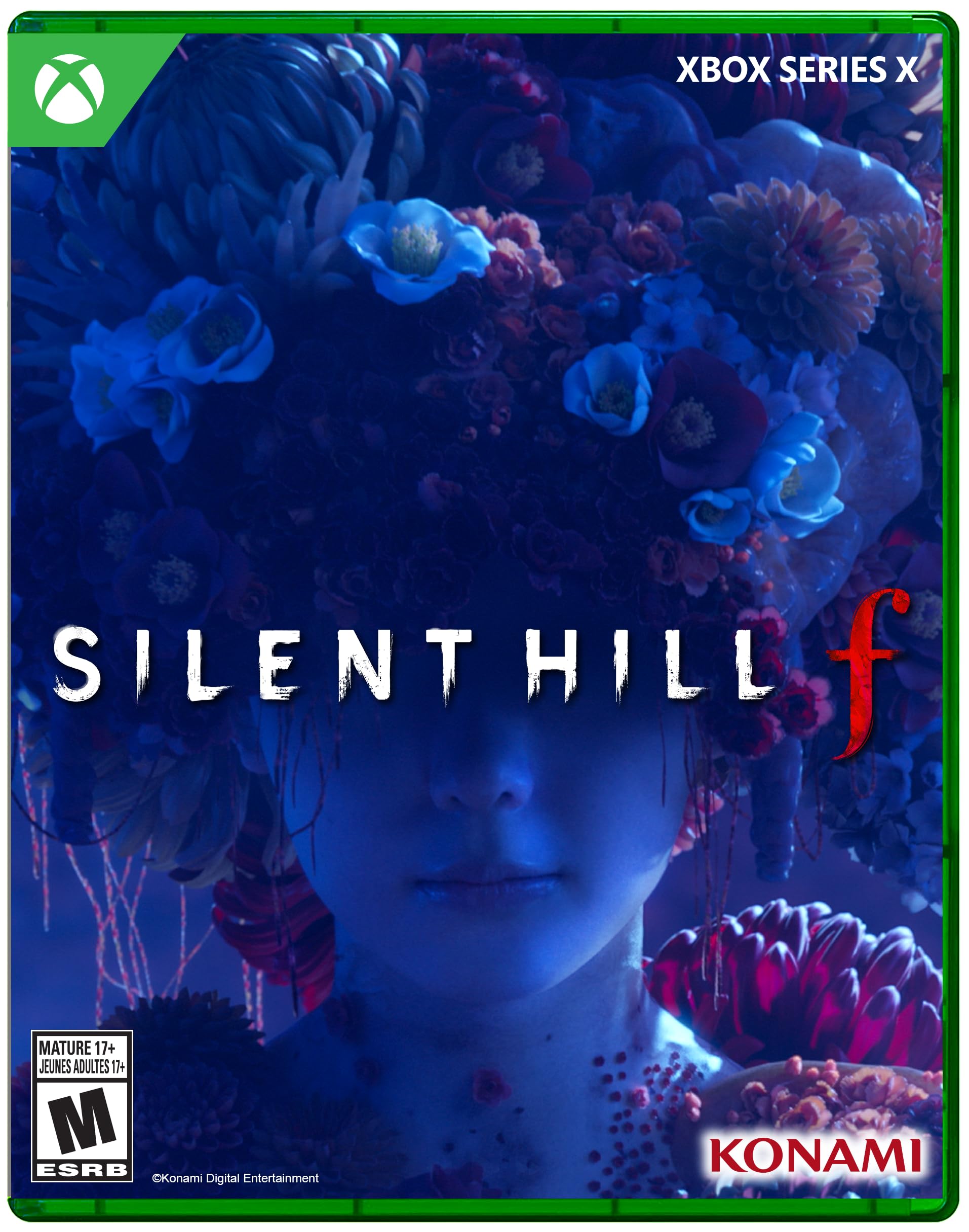 Silent Hill f PS5 game cover with dark floral design and mysterious figure on Xbox Series X