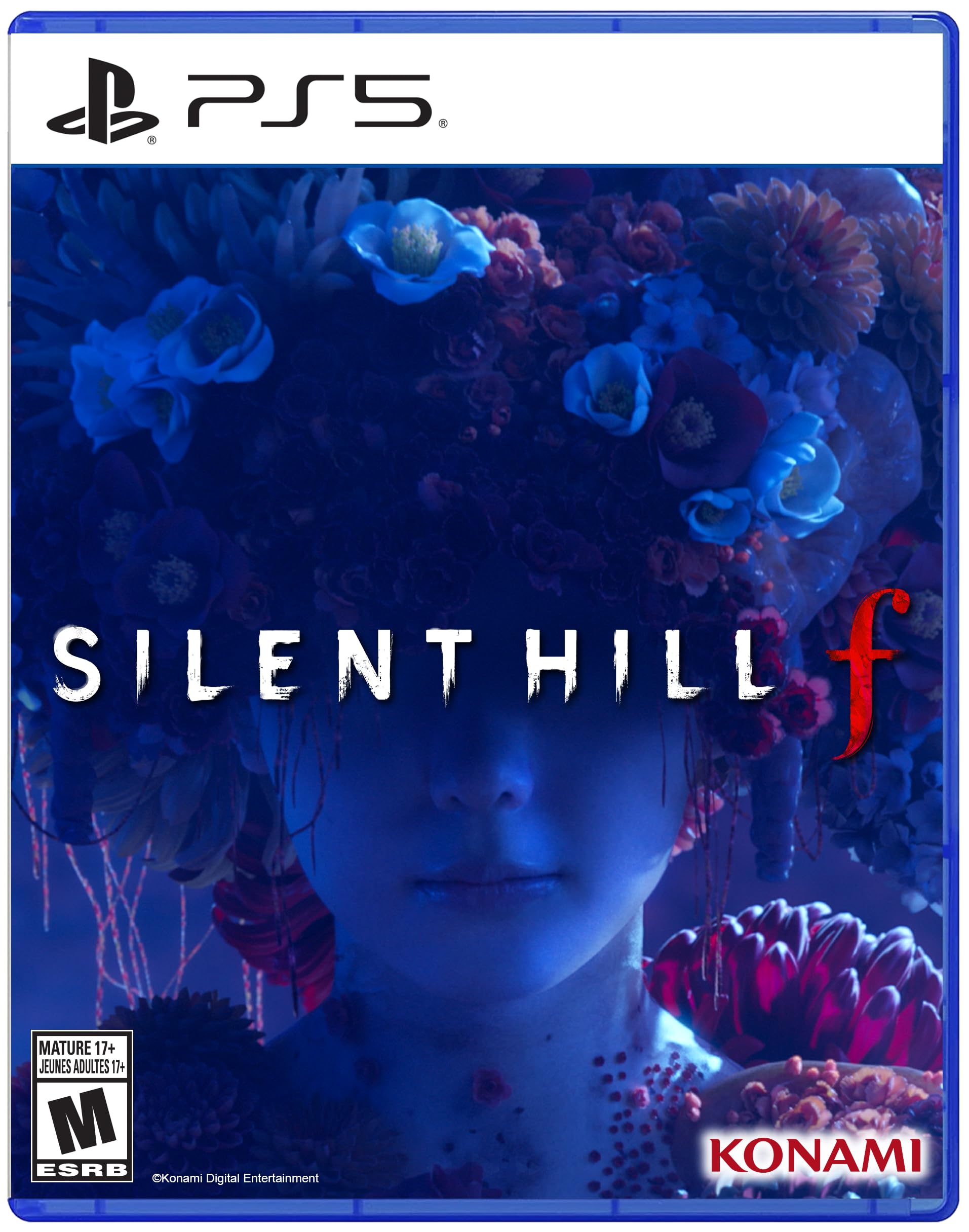 Silent Hill f PS5 game cover showing a mysterious face partially hidden by dark blue flowers and foliage