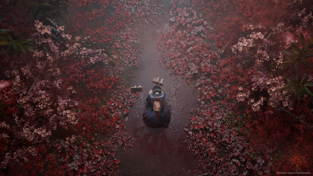 Silent Hill f PS5 game scene showing a character sitting in a gloomy forest surrounded by red and pink flowers