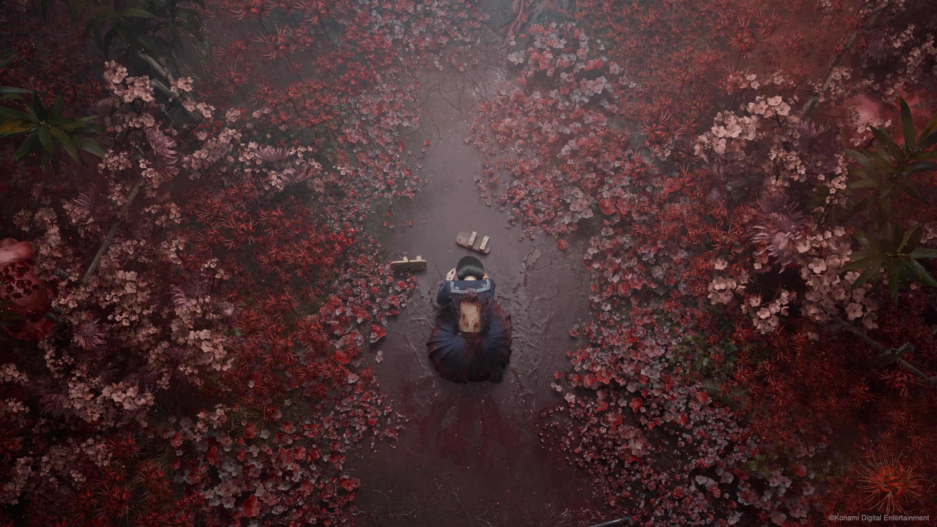 Silent Hill f PS5 game scene showing a character sitting in a gloomy forest surrounded by red and pink flowers