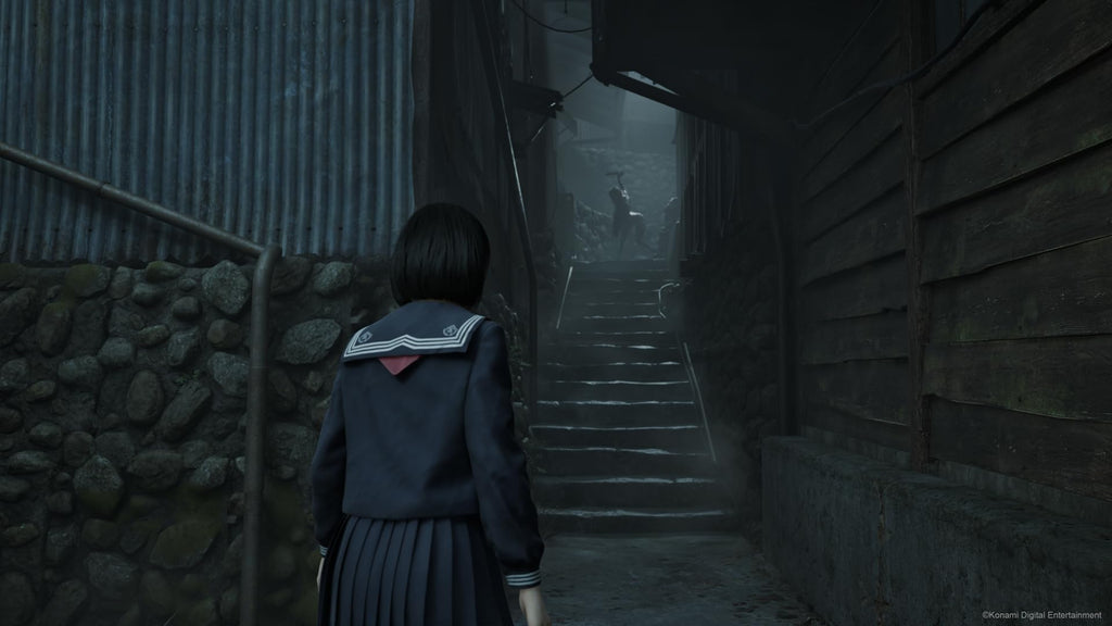 Silent Hill f PS5 game screenshot showing a character in a school uniform walking in a dark eerie alley