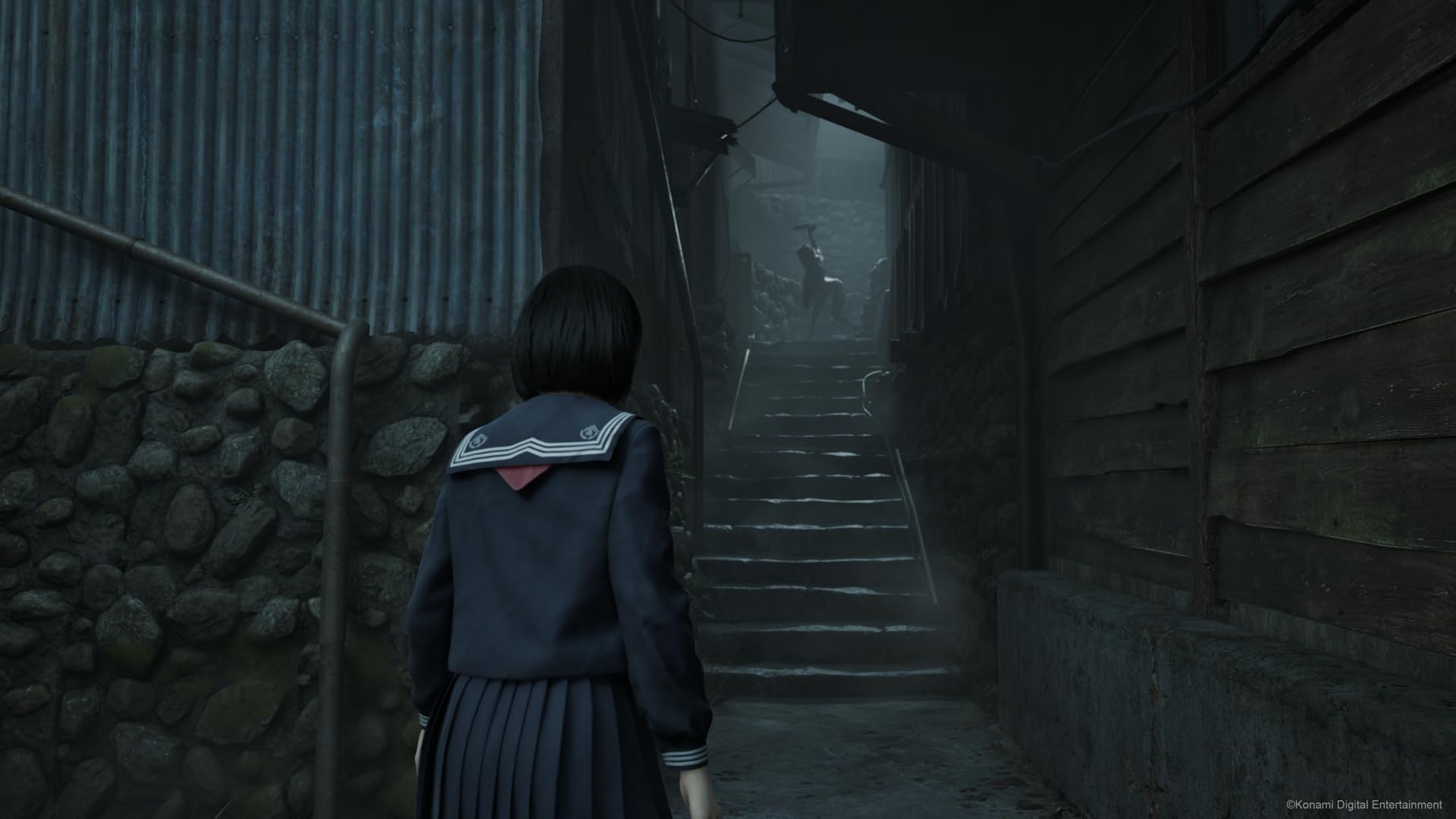 Character exploring dark and eerie alley in Silent Hill f PS5 game by craques