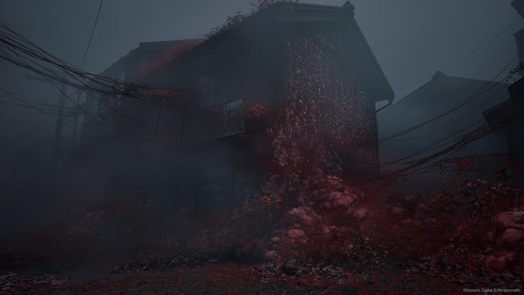 Dark eerie scene from Silent Hill f PS5 game showing a foggy abandoned house with overgrown red plants