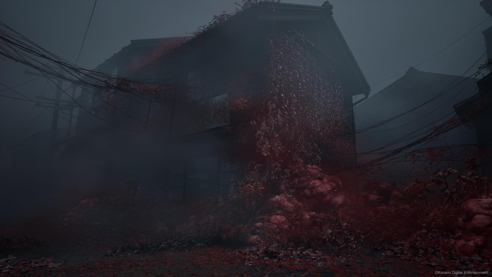 Dark eerie scene from Silent Hill f PS5 game showing a foggy abandoned house with overgrown red plants