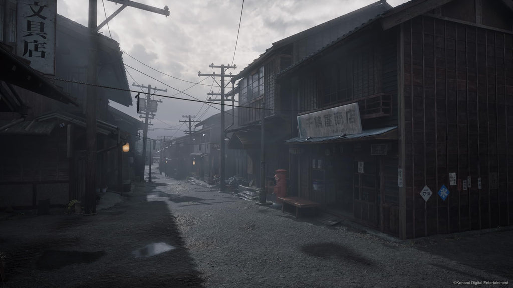 Dark and eerie street scene from Silent Hill f PS5 game showing foggy, abandoned buildings and power lines