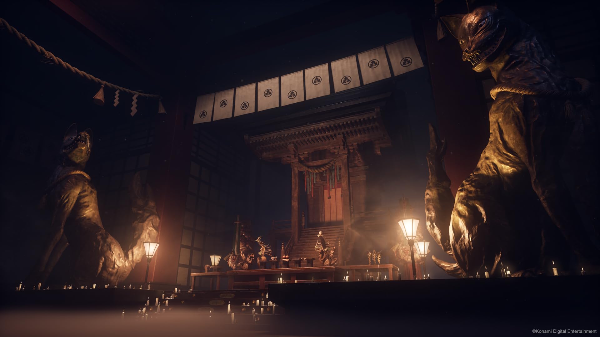 Dark eerie shrine scene from Silent Hill f PS5 game with statues and dim lighting