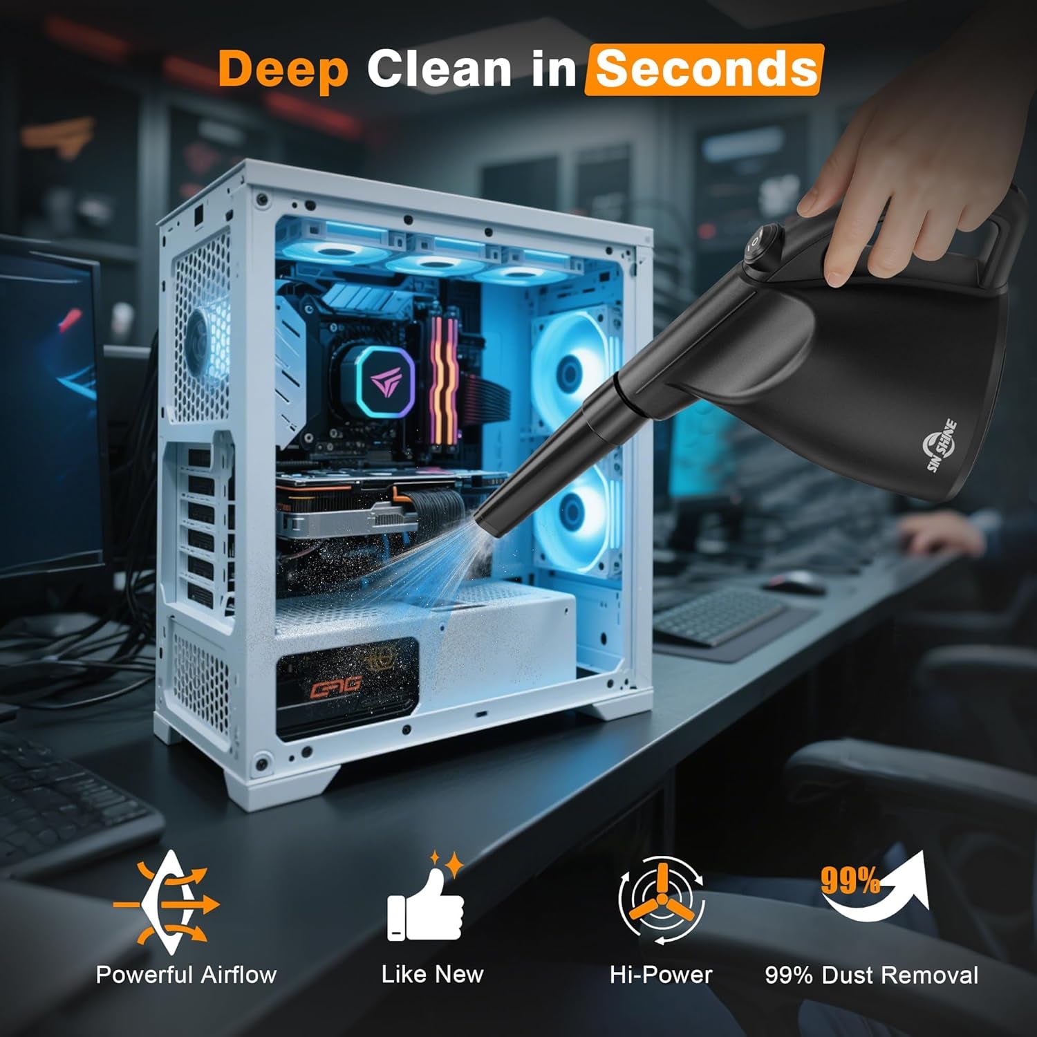 craques electric air duster for electronics cleaning dust from inside a desktop computer with powerful airflow
