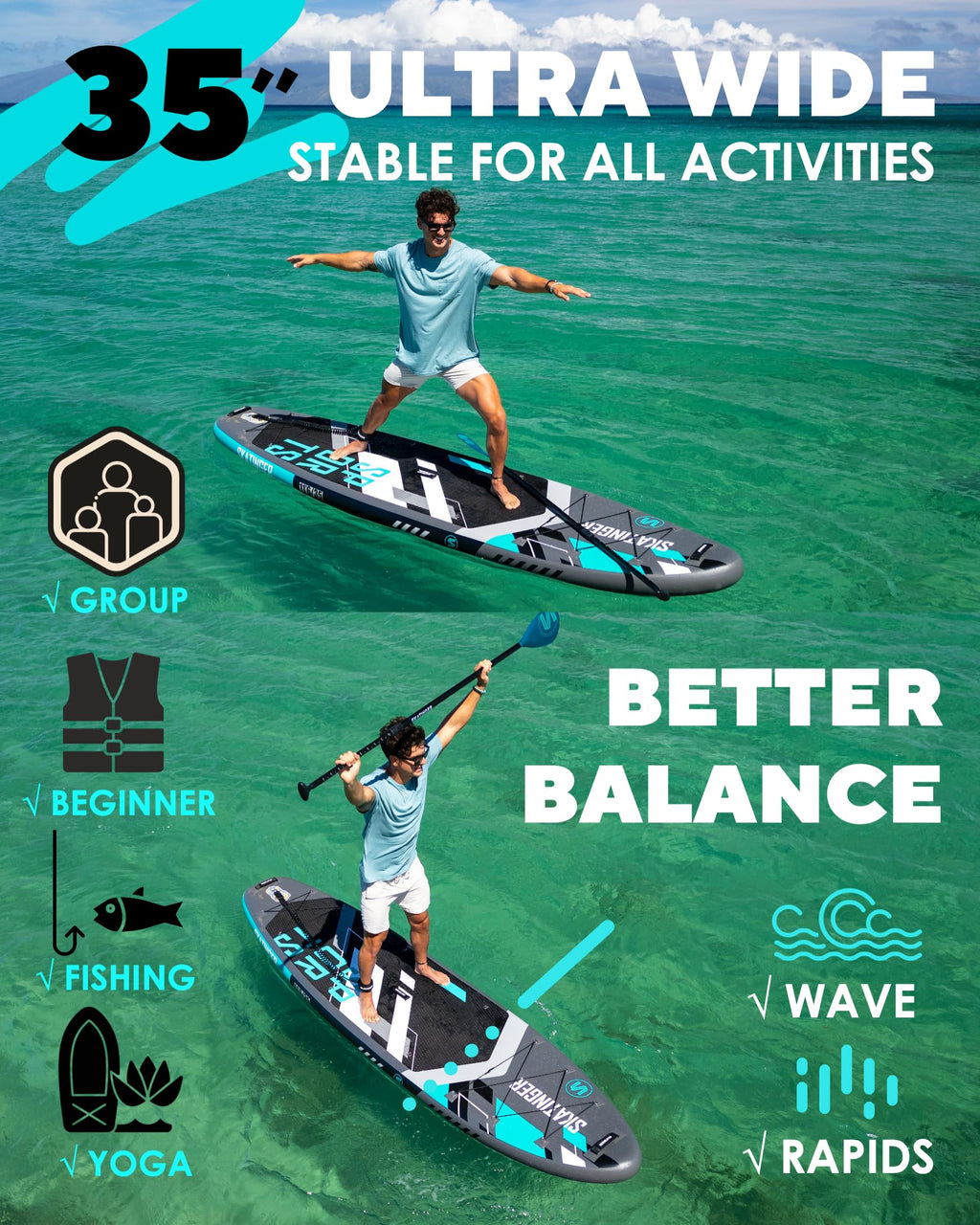 Craques super wide inflatable paddle board 35 feet for fishing yoga and beginner balance