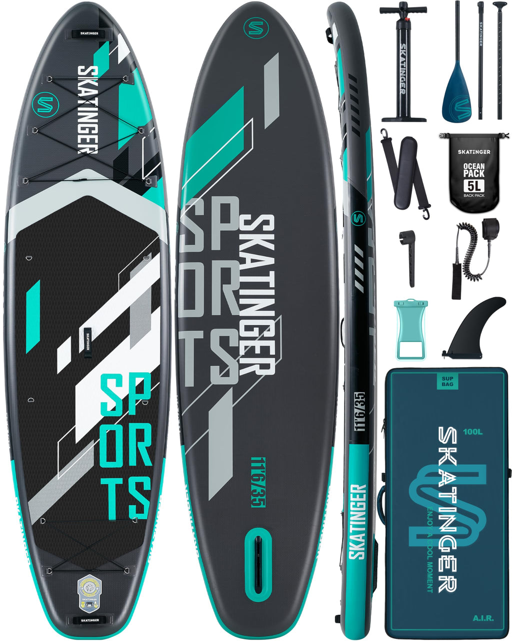 Craques super wide inflatable paddle board kit with black teal board pump paddle and accessories
