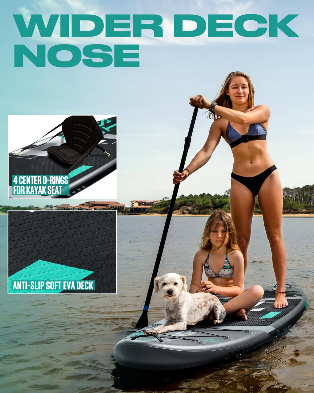 Craques super wide inflatable paddle board with wider deck nose, anti-slip soft EVA deck, and kayak seat rings