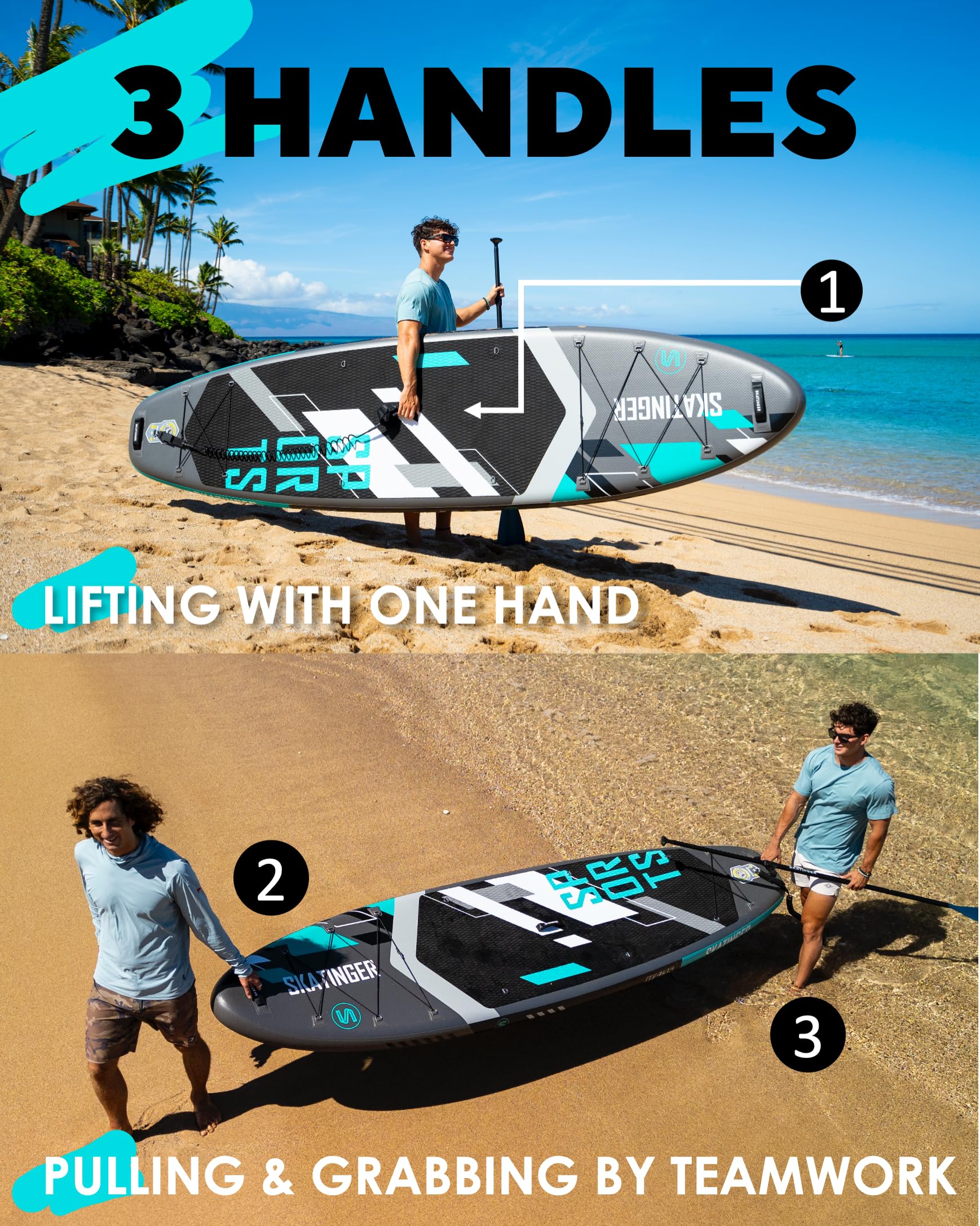 Craques super wide inflatable paddle board with three handles shown being lifted and carried by two men on a beach