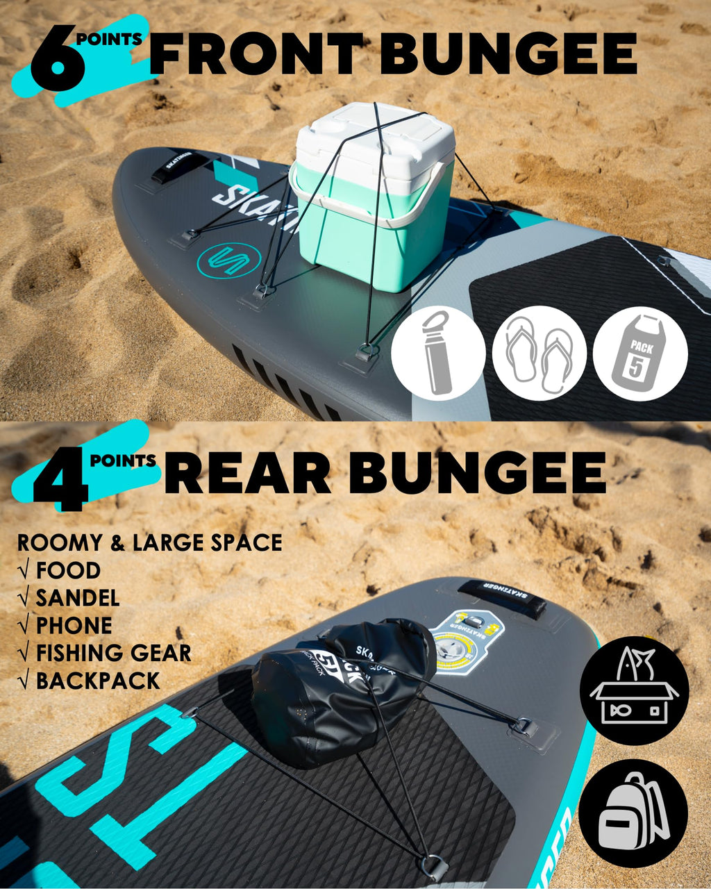 Super wide inflatable paddle board by Craques with front and rear bungee storage on sandy beach